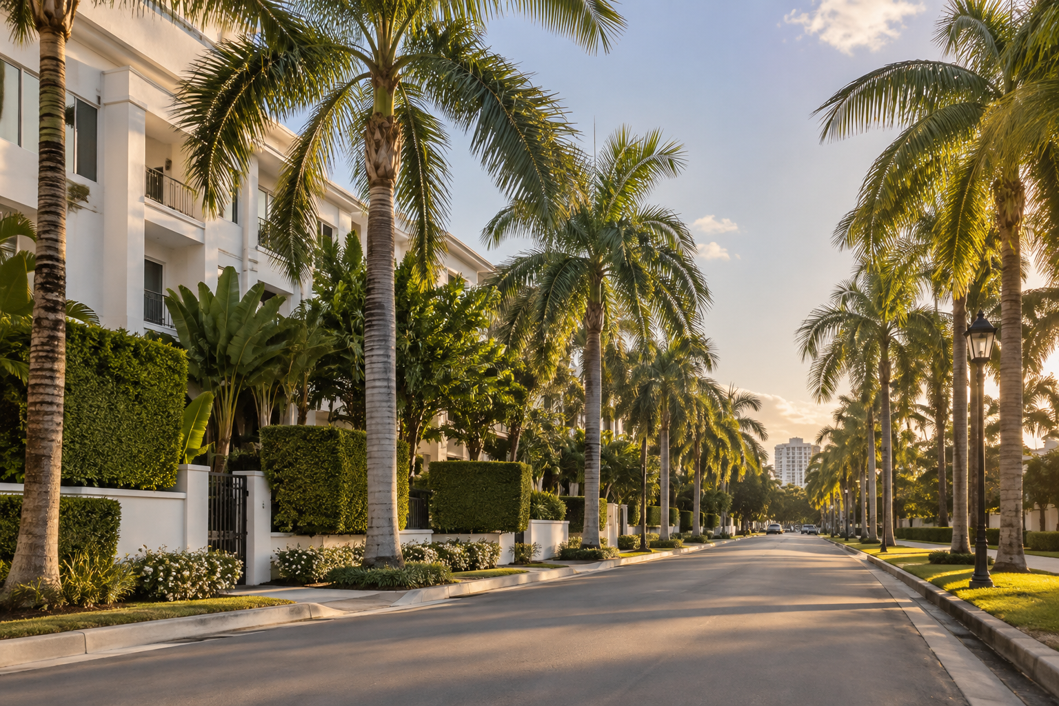 A palm lined Aventura residential street, illustrative