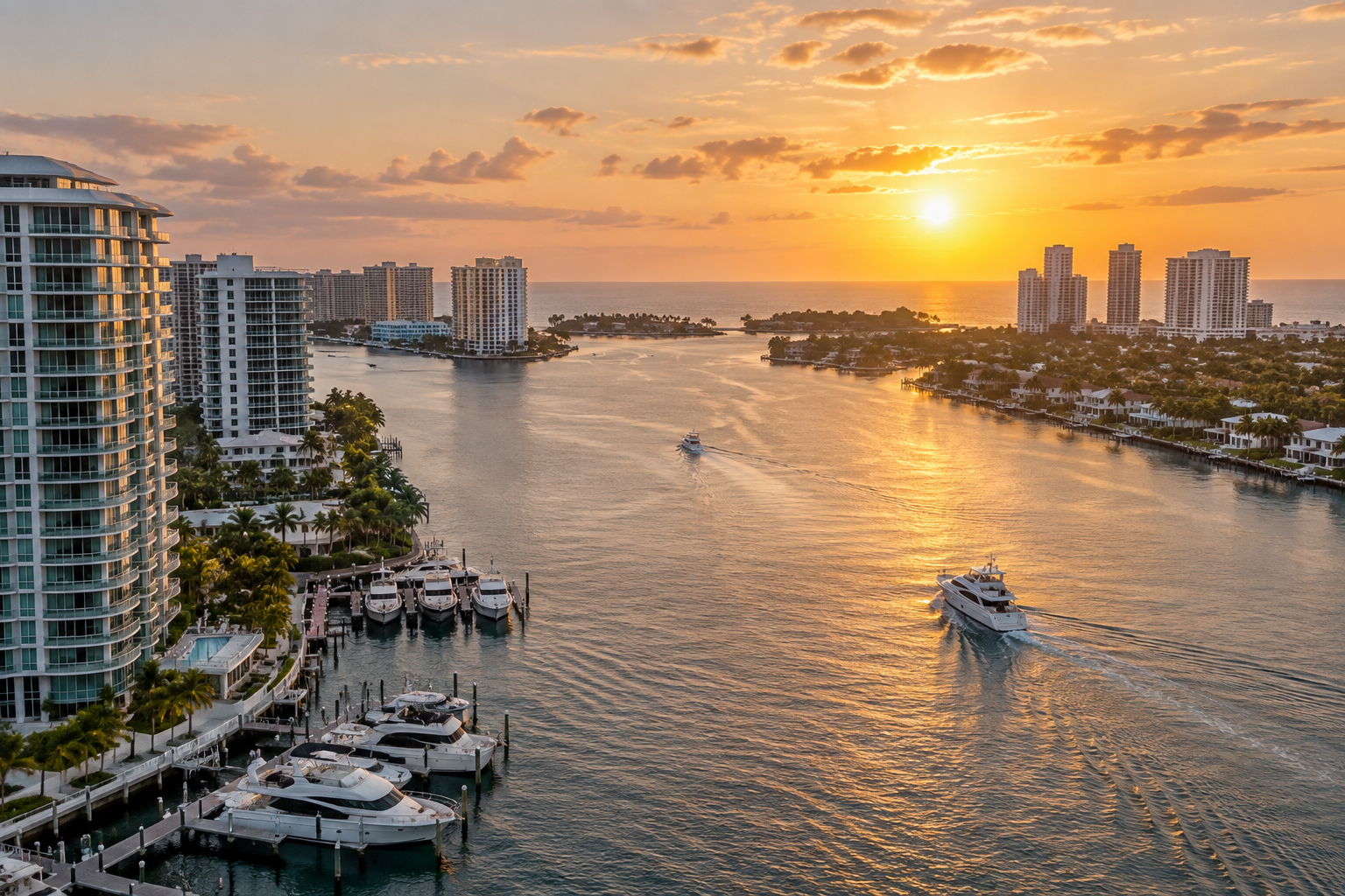 A South Florida intracoastal waterway at sunset, illustrative