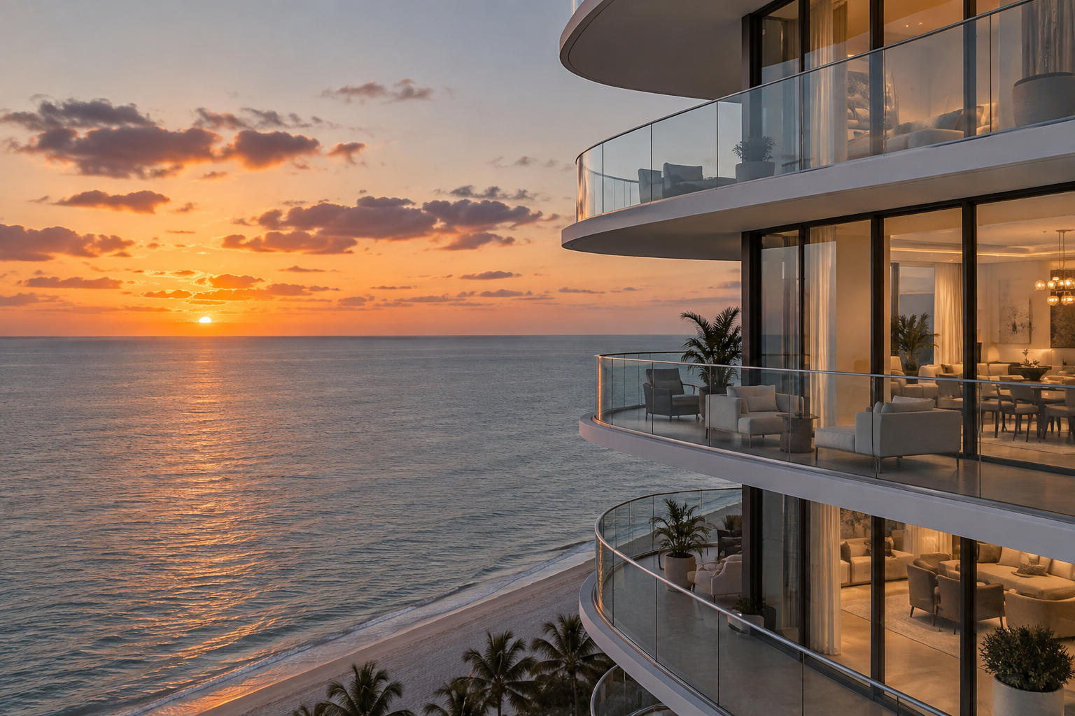 An oceanfront condominium tower in Sunny Isles Beach at dusk, illustrative