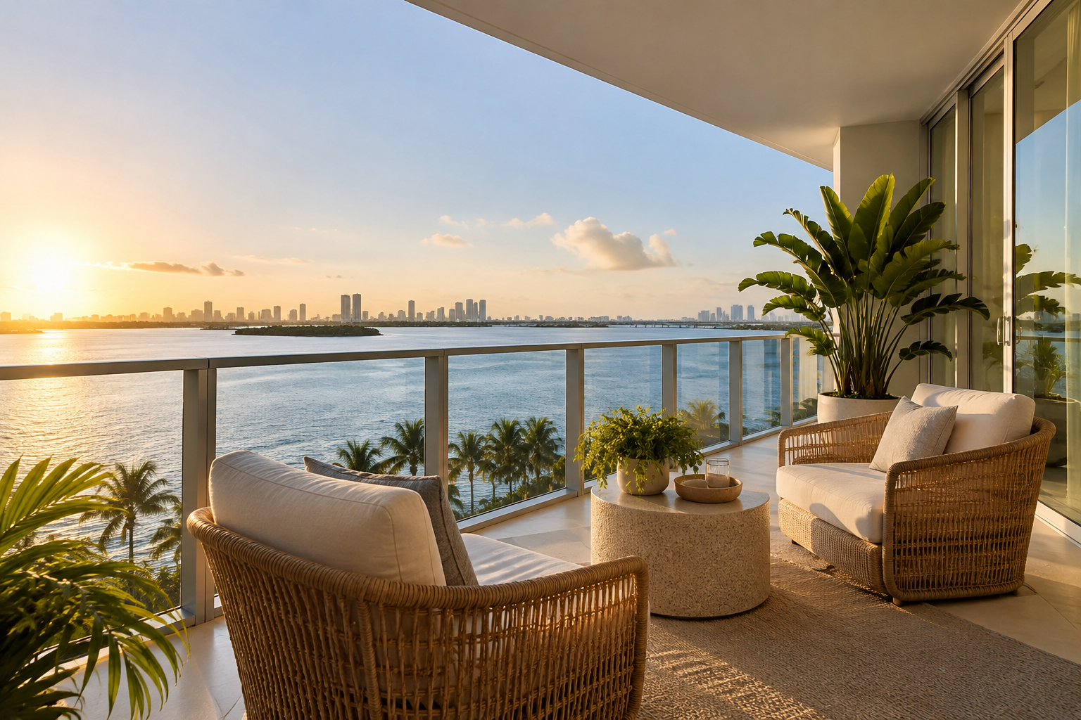 A sunlit Miami condominium terrace, illustrative